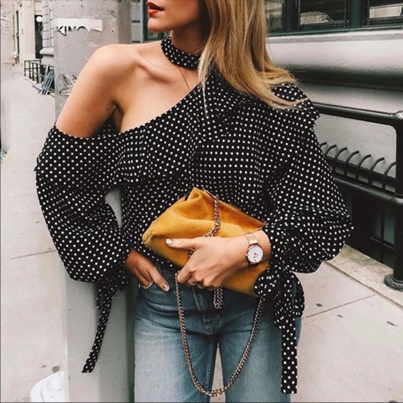 One Shoulder Polka Dot Choker Ruffle Top - Picture 1 of 5